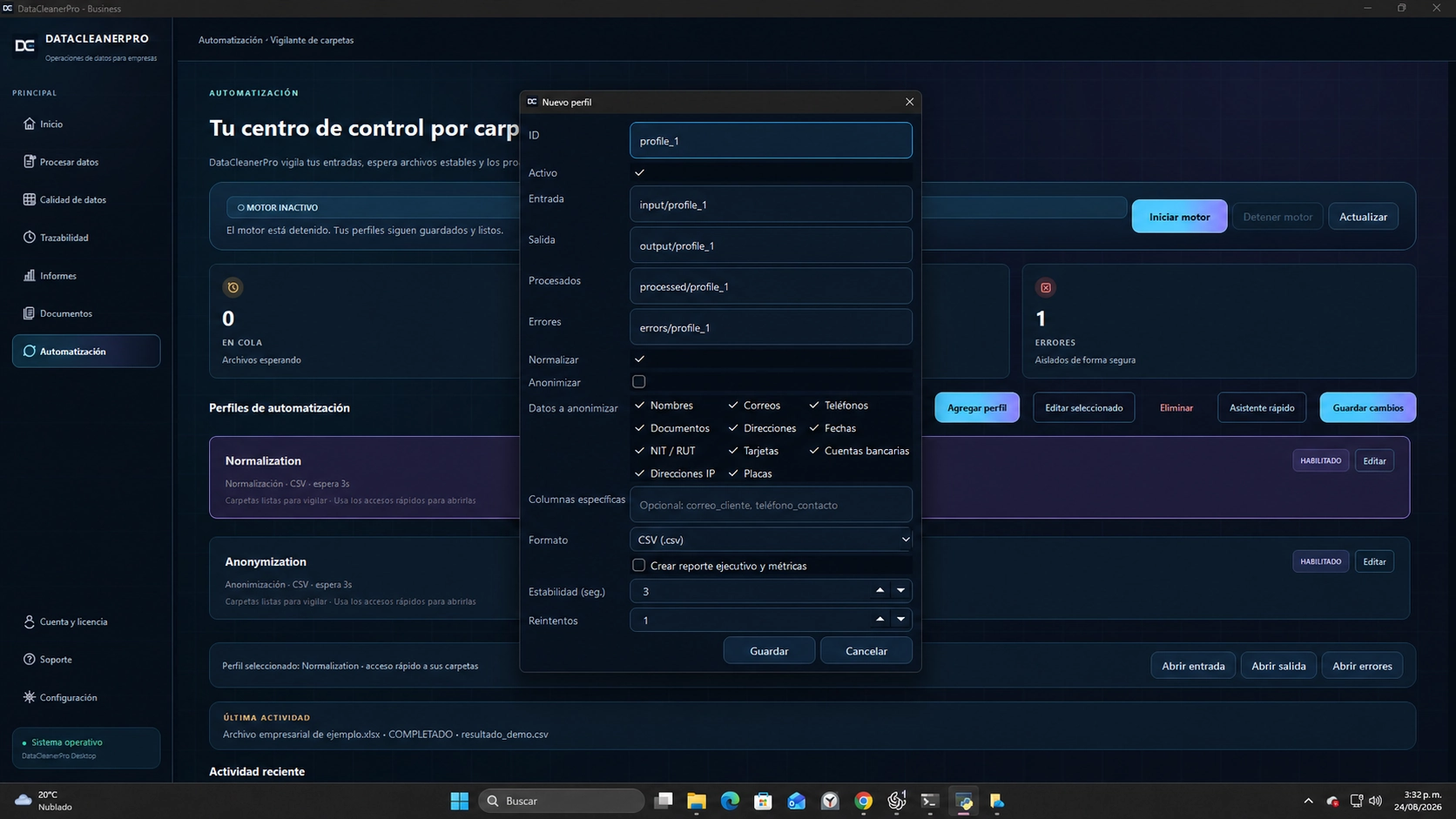 Centro de automatización con perfil demostrativo, carpetas vigiladas y opciones de tratamiento