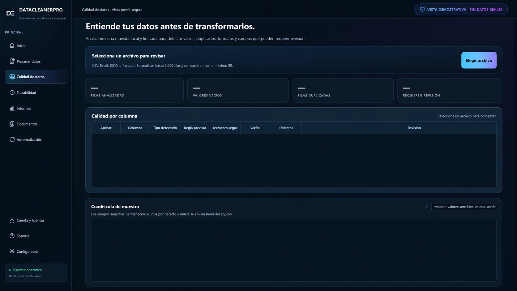Vista demostrativa del módulo de calidad de datos con análisis por columna y cuadrícula de muestra segura