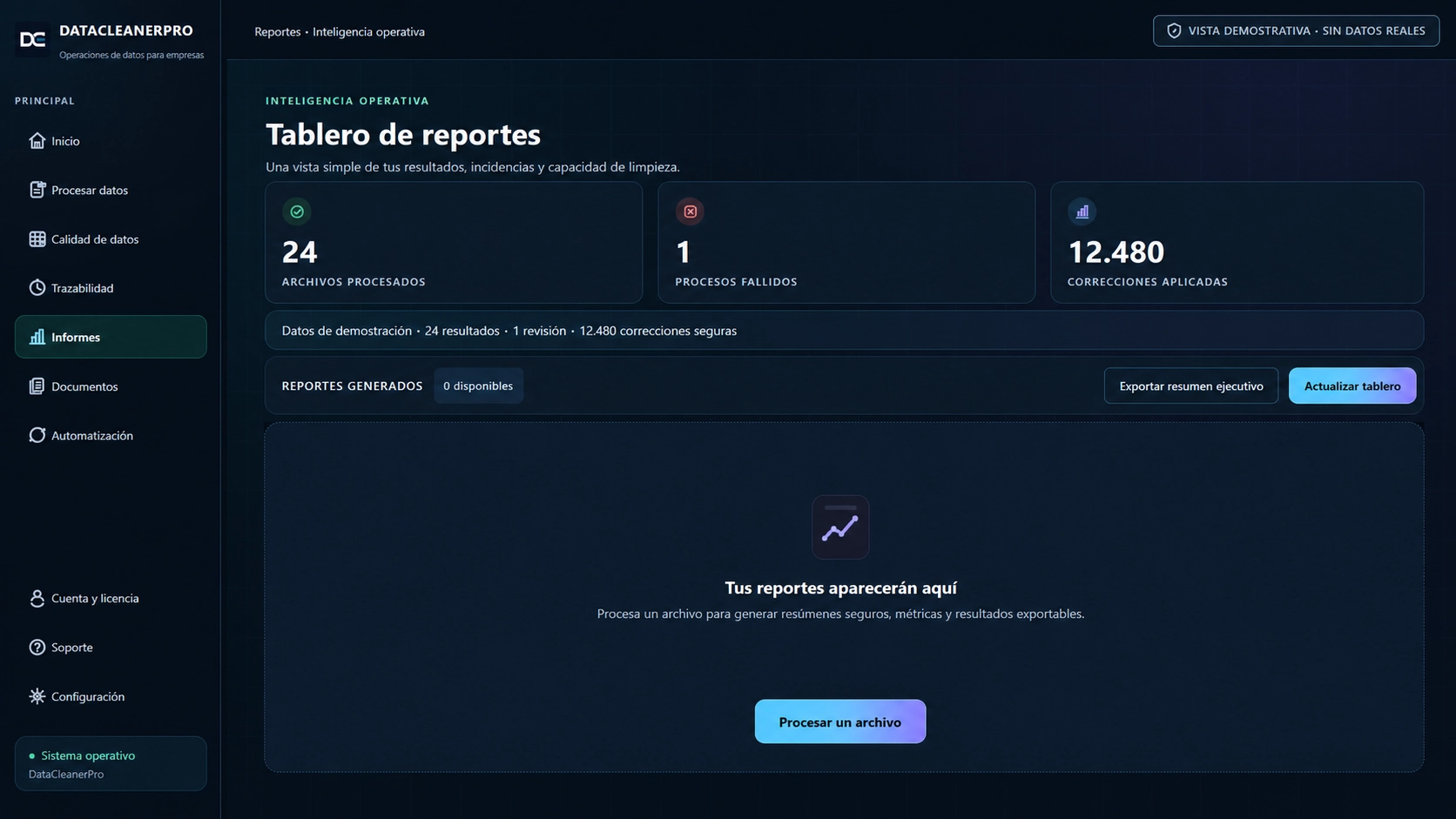 Vista demostrativa del tablero de informes con archivos procesados, incidencias y correcciones aplicadas
