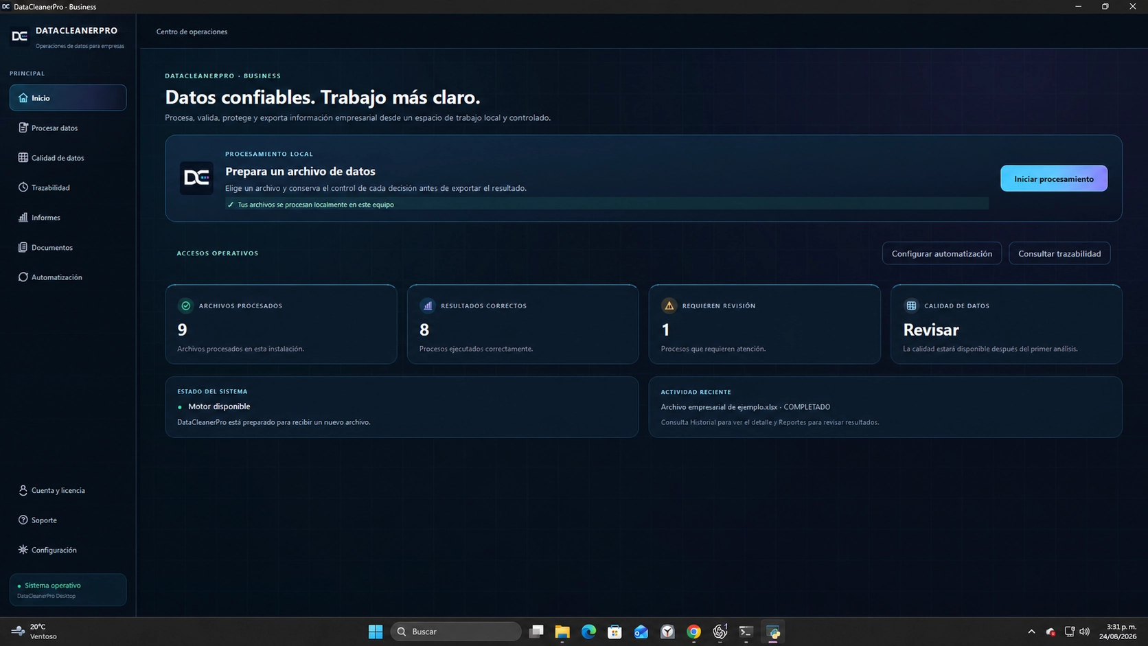 Pantalla de inicio de DataCleanerPro Business con estado del sistema, accesos operativos y métricas de archivos procesados